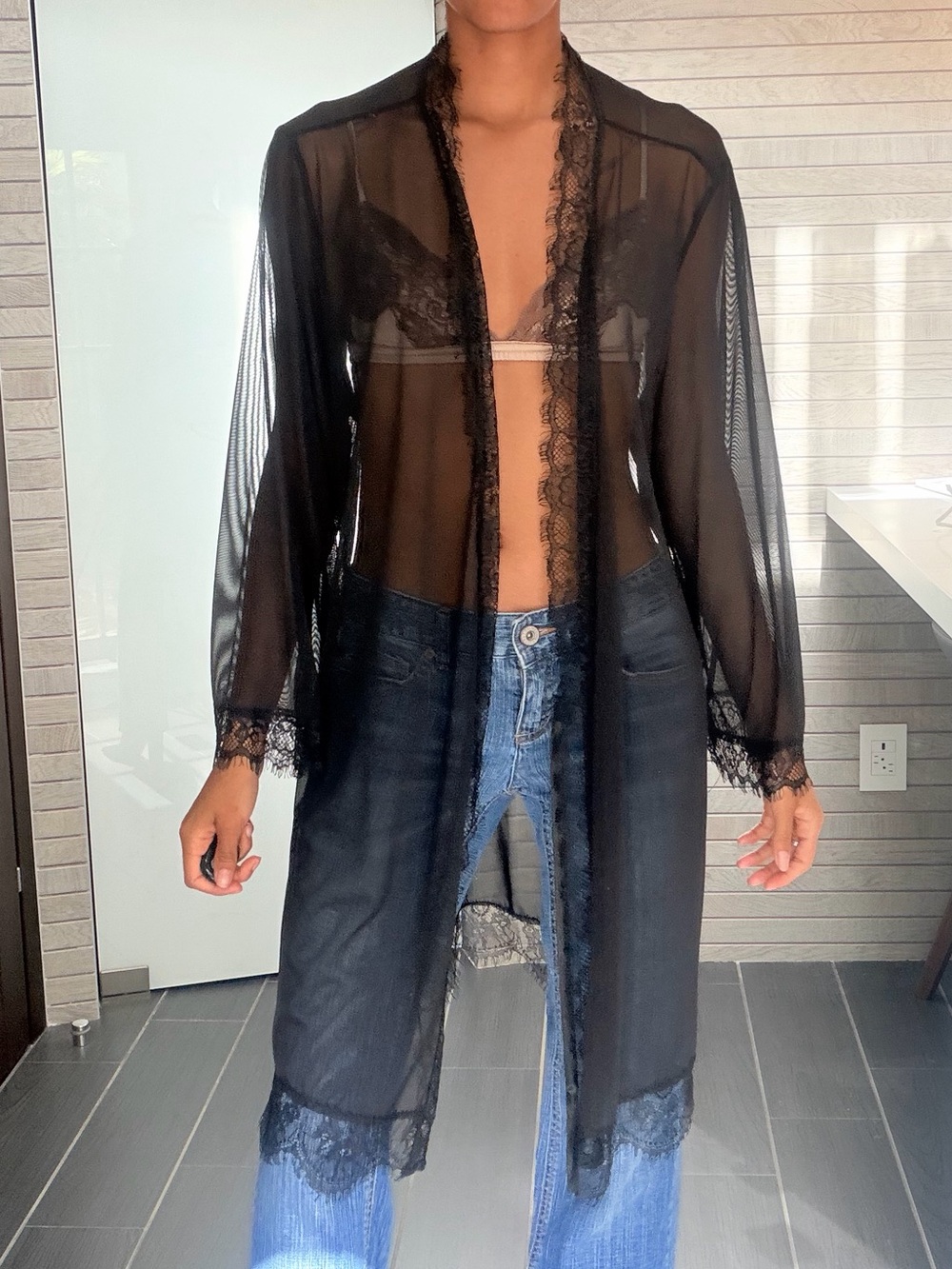 Fashion Nova Black Sheer Lace-Trim Long Robe